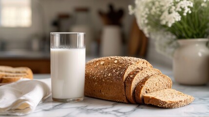 Wall Mural -  a loaf of bread and a glass of milk sit on a marble countertop in front of a vase of flowers and a vase with white flowers in the background.