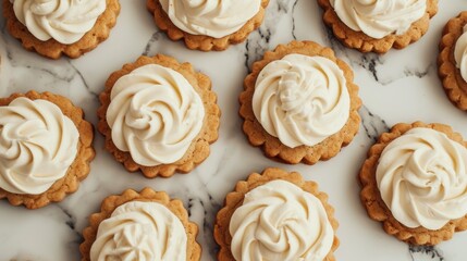 Sticker -  a bunch of cookies with white frosting on top of a marble counter top with white icing on the top of the cookies and on the bottom of the cookies.