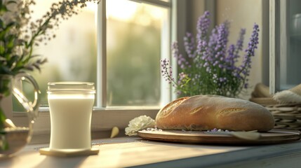 Wall Mural -  a loaf of bread and a glass of milk sit on a window sill in front of a window sill with lavenders and lavenders in the background.