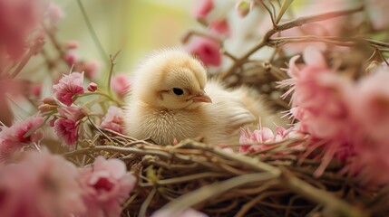 Poster -  a baby chicken sitting in a nest with pink flowers on the side of the nest and a blurry background of pink flowers on the other side of the nest.