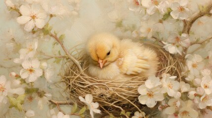 Poster -  a baby bird is sitting in a nest on a branch of a tree with white flowers in the foreground and a pastel background of pink and white flowers in the foreground.