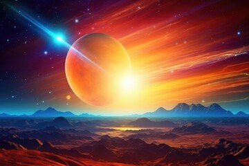 Wall Mural - Cosmic landscape with Mars sunrise, stars, and alien galaxy.