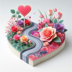 Embark on a visual journey of love with this kirigami masterpiece featuring a colorful heart and rose on a pathway to Valentine's Day. Isolated in white, it's a captivating symbol of artistry and roma