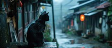 Black Cat Observing In Houtong, Taiwan's Cat Village.