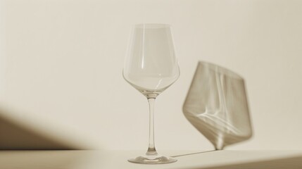  a wine glass sitting on top of a table next to a piece of articulation articulating articulating articulating artwork on the wall behind it.