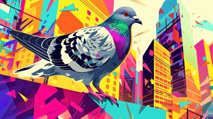 Sticker -  a painting of a pigeon sitting on a ledge in front of a cityscape with skyscrapers in the background and a multicolored image of a bird in the foreground.