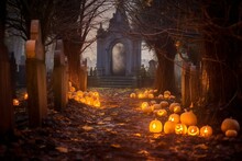 Pumpkin Candles Glow In Eerie Churchyard. Generative AI