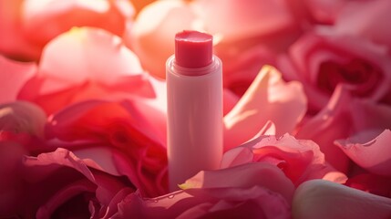 Poster -  a pink lipstick sitting on top of a pile of pink flowers on top of a bed of pink and white flowers on top of a bed of pink and white flowers.