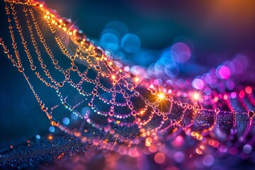 Wall Mural - Close up of intricate spider s web glistening with vibrant dewdrops in bright sunlight