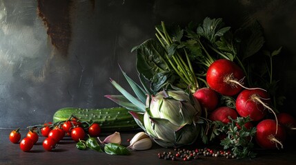 Poster -  a pile of vegetables sitting on top of a table next to a pile of broccoli and other fruits and veggies on top of a wooden table.