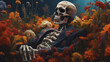 © Игорь Зубченко - A skeleton dressed in a shirt and coat, reclining in a field of flowers, blurring the line between life and death.