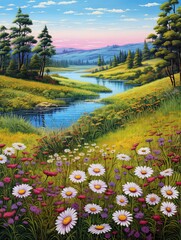 Wall Mural - Time-honored Lake and Hill Art Field Painting: Wildflower Dotted Shores