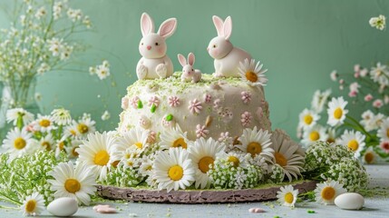 Sticker -  two bunnies sitting on top of a cake with daisies and daisies in the foreground, and daisies in the foreground, and daisies in the background.