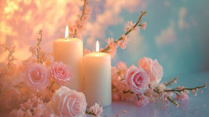 Poster -  a group of three white candles sitting next to a bunch of pink flowers on top of a blue table with pink and white flowers on the side of the table.