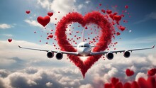 A Plane Flies Through The Red Hearts In The Clouds. Valentine's Day Wallpapers