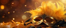 Luxury Carnival Mask With Yellow Feathers On Gold Blurred Background. AI Generated Image