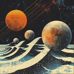  Future retro sci-fi background. Grainy texture, Universe Retro Futuristic 80's Background. Vintage