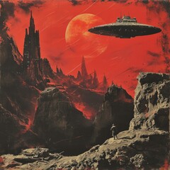 Poster - Future retro sci-fi background. Grainy texture, Universe Retro Futuristic 80's Background. Vintage