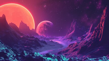 Poster - Future retro sci-fi background. Grainy texture, Universe Retro Futuristic 80's Background. Vintage
