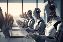 Row Of Robots In Call Center Working As Operators Answering Customer Calls 