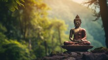 Thai Budda In Mountains, Forest Background, Sharp Focus, Copy Space, 16:9