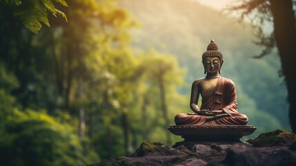 Wall Mural - thai budda in mountains, forest background, sharp focus, copy space, 16:9