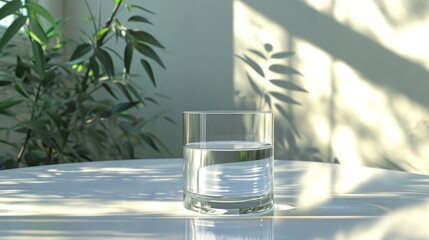 Wall Mural -  a glass of water sitting on top of a table next to a potted plant on top of a white table with a shadow cast on the wall behind it.