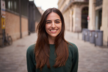 close up portrait joyful beautiful young caucasian gen z woman happy smiling on city street. female 