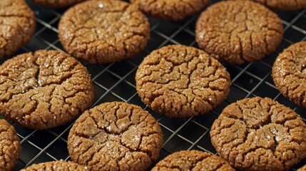 Sticker -  a bunch of cookies sitting on top of a cooling rack on top of a metal rack with holes in the middle of one of the cookies, and one of the cookies on top of the other.