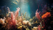 Underwater coral reef illuminated by the sun's rays with colourful plants and creatures