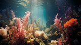 Fototapeta Do akwarium - Underwater coral reef illuminated by the sun's rays with colourful plants and creatures