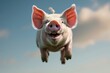 A majestic domestic pig with unusually large ears takes flight in the sky, showcasing its mammalian grace and standing out among the other animals in the outdoor landscape
