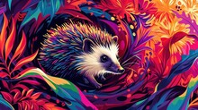  A Colorful Painting Of A Porcupine In A Flowery Area With Red, Yellow, Blue, Green, And Orange Flowers On It's Sides And A Black Background.