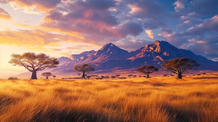 Sticker -  a painting of a mountain range with trees in the foreground and a grassy field in the foreground with tall grass in the foreground and a few trees in the foreground.