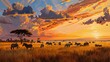  a painting of a sunset with zebras in the foreground and a flock of birds flying in the sky over a field with tall grass and trees in the foreground.