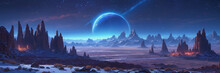 Serene Alien Landscape: Majestic Moonrise Over Unearthly Mountains Under A Starry Night Sky