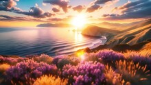 Sunset Serenity: Video Of Golden Light (sunrise Or Sunset) Cascades Over A Tranquil Seaside (sea, Ocean) With Blooming Wildflowers