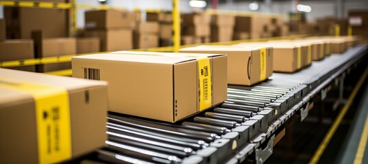 Poster - Efficient movement of cardboard box packages on warehouse conveyor belt in fulfillment center