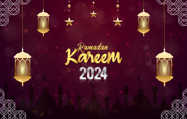 Wall Mural - ramadan kareem 2024 banner with purple background design