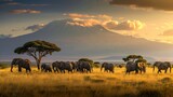 Fototapeta Sawanna -  a herd of elephants walking across a dry grass field under a cloudy sky with a mountain in the distance in the distance, with a few trees in the foreground.