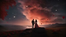 Romantic Background For Valentine's Day. Couple In Nature With Moonlight, Red Hearts And Trees