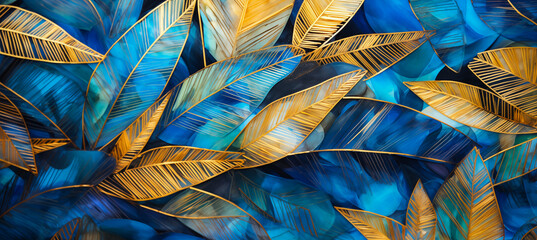 Blue and gold tropical leaves Monstera, palm, fern and ornamental plants backdrop. Exotic jungle rainforest background, luxury beach vacation travel web banner by Vita. 