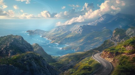 a scenic view of the ocean from a high point of view of a road on the side of a mountain with a view