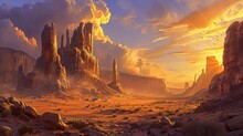  A Painting Of A Desert Scene With A Castle In The Middle Of The Desert And Birds Flying In The Sky Over The Rocks And The Desert, While The Sun Is Setting.