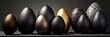 Dark, shiny and golden Easter eggs in a row with golden decoration on dark background. Black and gray painted eggs banner. Generative AI.