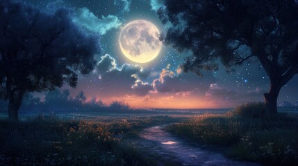 Poster -  a painting of a night scene with a full moon in the sky and a river running through the middle of a field with wildflowers in the foreground.