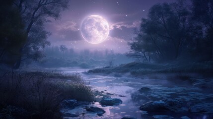 a painting of a river at night with a full moon in the sky and stars in the sky above the water and 