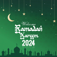 Wall Mural - welcome ramadan kareem 2024 banner with green background design