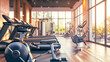 Sunlit modern gym interior with a row of treadmills, stationary bikes, and weight machines, ready for a fitness routine.
