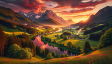 Breathtaking Mountainous Landscape At Sunset With River And Vibrant Sky